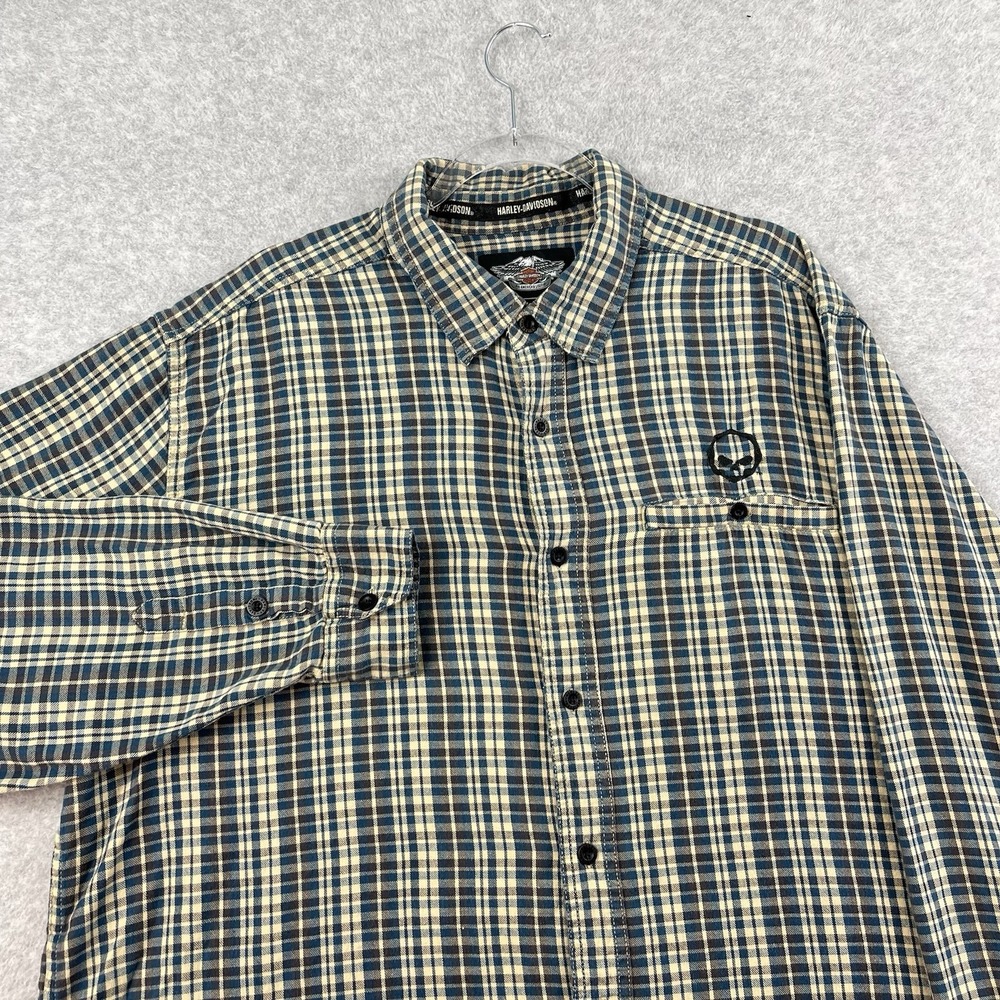Harley Davidson Shirt Mens 2XL‎ Gray Black Plaid Button Embroidered Logo Skull